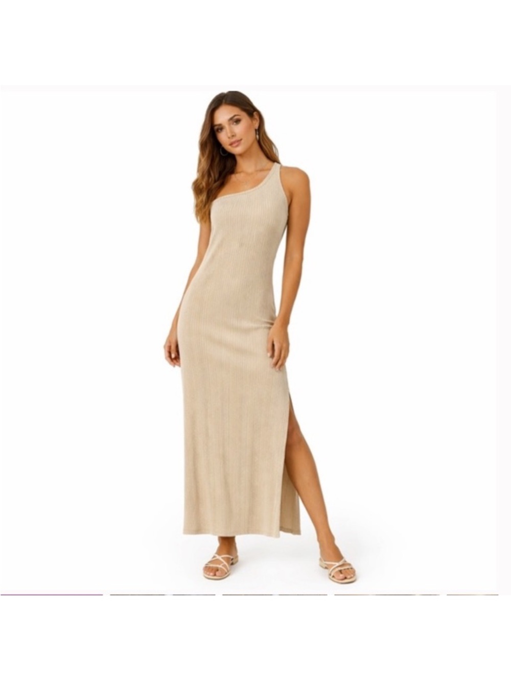 Ribbed One-Shoulder Midi Dress in Beige